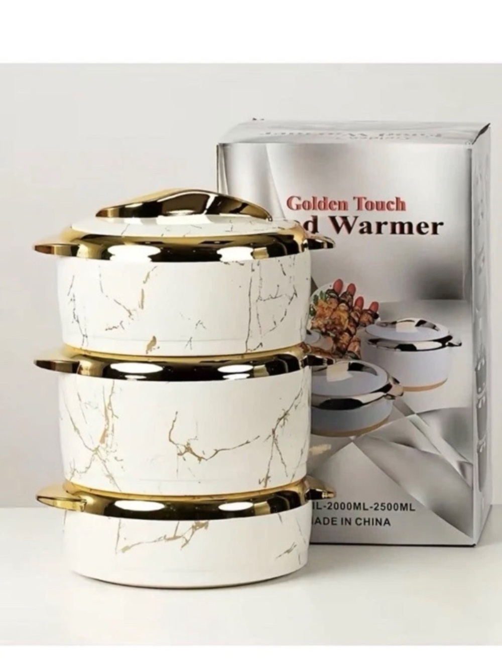 3Pcs Golden Touch Insulated Stainless-Steel Food Warmer - Marble Blue & White